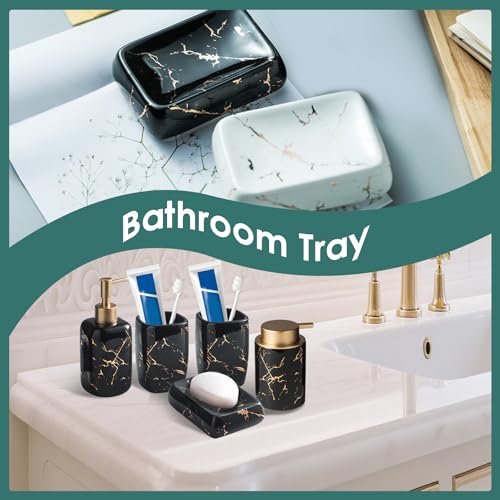 Black and Gold Bathroom Accessories Set, Marble Bathroom Accessories 5 Pieces Ceramic Modern Bathroom Accessories Set with Bathroom Soap and Toothbrush Holder Set, Soap Dispenser, Mouthwash Cups