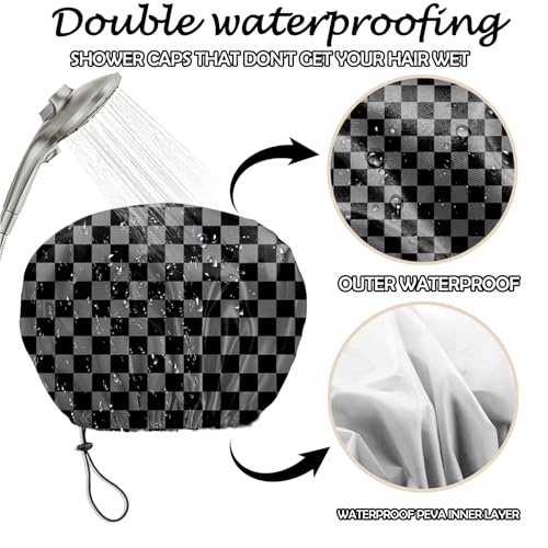 2 PCS Shower Cap Reusable Waterproof Adjustable Double Layer Elastic Dry Hair Bathing Caps Aesthetic Cute for Women Girls-Purple Black Gray - color: H-2-Purple Black Gray