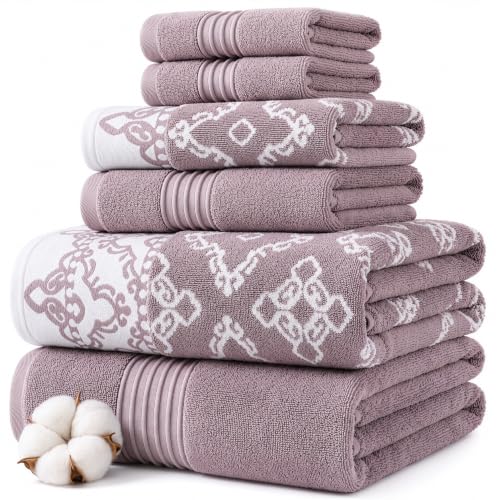 Modern Threads Charlize 6-Piece 100% Cotton Towel Set–Reversible Yarn Dyed Jacquard & Solid – Includes 2 Bath Towels, 2 Hand Towels, 2 Washcloths – Absorbent, Quick Dry, Soft & Durable – Orchid - color: Orchid, style: Fancy Medallion