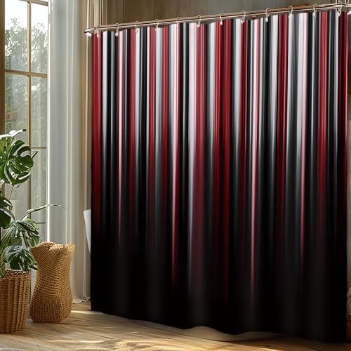 Miyotaa Black Red White Modern Shower Curtain Set 60Wx71H Inches Abstract Striped Minimalist Simple Contemporary Polyester Waterproof Bathroom Curtain with 12 Hooks - color: Black Red White Striped, size: 60"W x 71"L (Pack of 1)