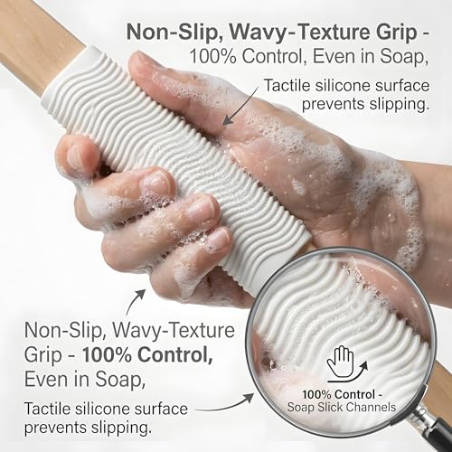 Long Handle Back Scrubber for Shower - About 16.5" Bath Brush with Non-Slip Grip - Body Loofah for Deep Exfoliation, Skin Polishing & Limited Mobility - color: White-rubber Black