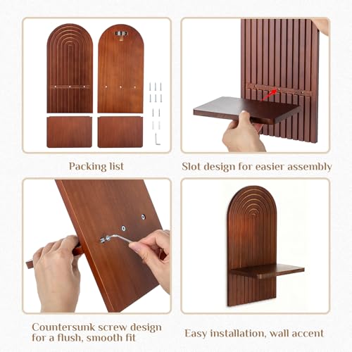 Mid Century Modern Candle Sconces: Set of 2 Walnut Boho Wall Candle Holder Decor for Living Room Fireplace - Arch Candle Shelf for Plants Pillar Candles - color: Walnut Color