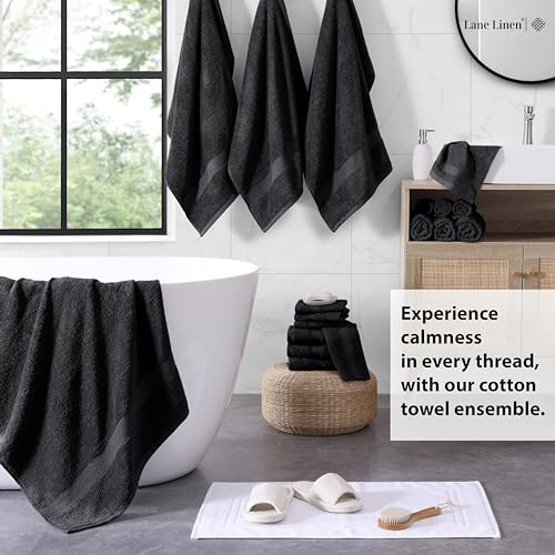 LANE LINEN 100% Cotton Black Towel Set for Bathroom - 18 Piece - Super Soft, Hotel Quality - 4 Bath, 8 Wash Cloths, 6 Hand Towels for Bathroom - Classic, Gentle on Skin, Ideal for Spa & Daily Use - color: 04: Black, size: 18 Piece Towel Set