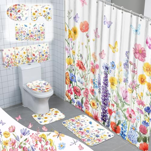 Tatuo 8 Pcs Wildflower Shower Curtain Set Watercolor Floral Bathroom Accessories Decor Farmhouse Plants Butterfly Waterproof Shower Curtain with Towels Carpet Bath Mat Toilet Rugs and 12 Hooks - style: Wildflower