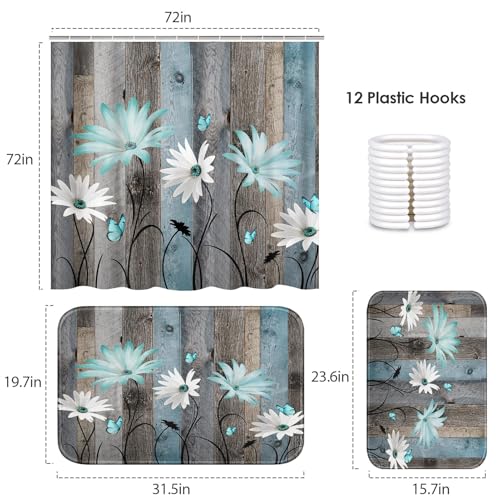 ArtSocket Teal Daisy Flowers Butterfly Bathroom Set with Shower Curtain and Bath Rugs and Accessories,Wooden Boards Non-Slip Shower Curtain Set,Bathroom Decor 3 Pcs - color: Teal Daisy Flowers
