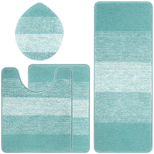 Bsmathom Bathroom Rugs Sets 4 Piece, Soft Absorbent Microfiber Bath Rugs with U-Shaped Contour Toilet Rug and Toilet Lid Cover, Thick Non-Slip Plush Shaggy Bath Mat Set,Teal - color: Teal, size: 18"x26"+18"x48"+U20"x24"+Cover19"x21"