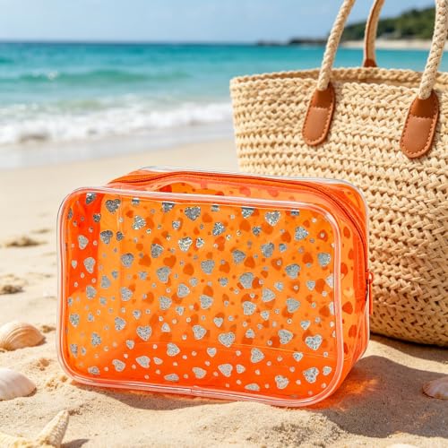 Waterproof Makeup Bag with Silver Stars, Pink Clear Cosmetic Pouch, 7x2.3x4.7 Inches, TSA Approved Travel Toiletry Organizer, 2 Pack (Orange+Heart) - color: Orange+Heart
