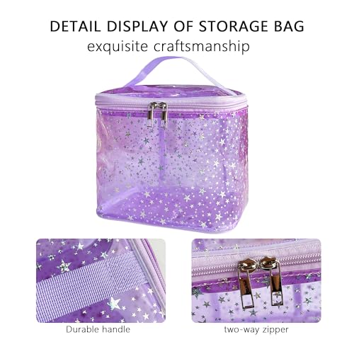 Holographic Star Print Pink Makeup Bag - Portable & Waterproof Barrel-Shaped Toiletry Bag, 8.27x6.7x6.3in Cosmetic Case for Women & Men (Purple Star) - color: Purple Star