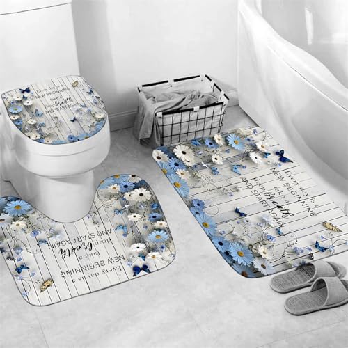 AZHM Blue Daisy Flower Shower Curtain Set 4pcs Rustic Daisy Floral Bathroom Set with Butterfly Accents with Inspirational Quotes Shower Curtain and Rugs - color: White Blue