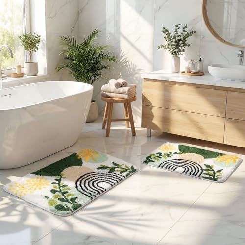 Arttown Boho Abstract Gold Plant Bathroom Rug Set 2 Piece Fluffy Microfiber Non-Slip Water Absorbent Bath Mat Soft Washable Floor Rug for Tub Showers Laundry Room Decor (16"x24"+20"x32") - color: Boho Plant 2