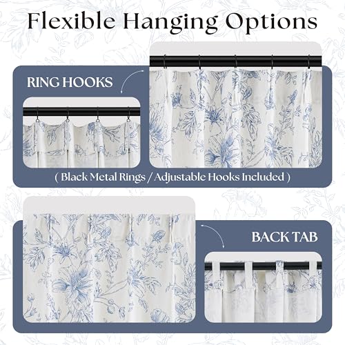 Blue Floral Linen Pleated Kitchen Curtains 63 Inch Long Farmhouse Neutral Country Light Filtering Sketch Flower Print Patterned Drapes for Dining Room Bedroom Memory Trained Botanical Drapes 40x63 - color: Blue, size: 40"W x 63"L (Pack of 2)