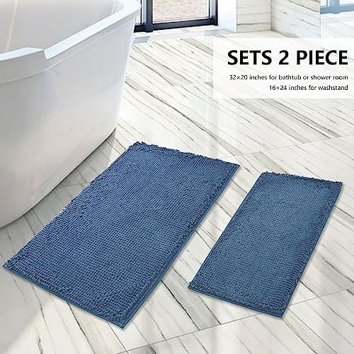 BOANKODU Bathroom Rugs Sets 2 Piece, Extra Soft Chenille Bath Mat Absorbent Bathroom Rug, Bathroom Mat with PVC Non-Slip Bottom, Machine Washable Bath Rugs (32x20 Inch + 24x16 Inch, Deep Blue) - color: Deep Blue, size: 16" x 24" + 20" x 32" (Rectangular)