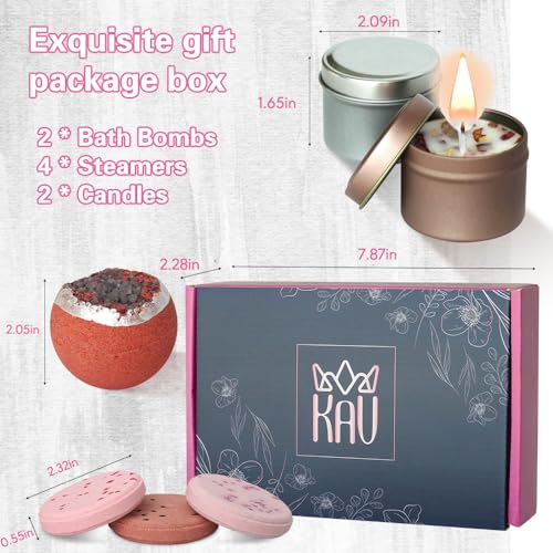 KAV Bath Bombs Giftset for Women - Self Care Women Gift Set of 2 Bathbombs, 2 Scented Candles, 4 Shower Steamers - All Natural Scented Bubble Bath Bombs - Skin Safe Girlfriend Gifts for Spa