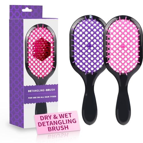 Detangling Brush,2 Pack Detangler Brush, Gentle & Effective Detangling on Wet or Dry Fragile Hair Types,Ultra-light, Detangling Brsuh ventilated and antistatic hairbrush (Pink+purple) - color: Pink+purple
