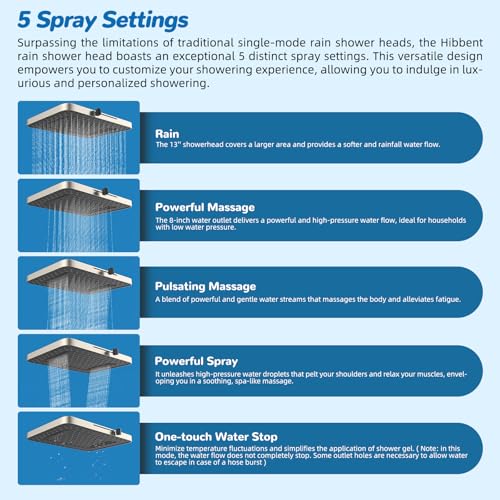 Hibbent cUPC Certified 13'' Shower Head Combo, High Pressure 5 Spray Rainfall Showerhead, 10 Spray Handheld, All Metal Easy Reach 4-way Diverter Arm with Pause Mode, 71'' Hose & Holder, Brushed Nickel - color: Brushed Nickel, style: Square 13"