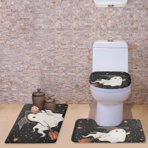 Cute Ghost Soft Bathroom Carpet 3 Piece Bathroom Rugs and Mats Sets Non-Slip Mat Set Toilet Mat Set Bath Mats Set 3 Piece Set,with U-Shaped Toilet Floor Mat Toilet Lid Cover Mat - color: Cute Ghost1