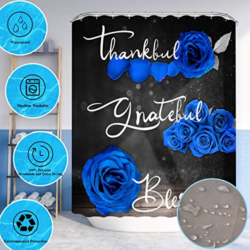 4Pcs Blue Rose Shower Curtain Set, Thankful Grateful Blessed Bathroom Curtain with Non-Slip Rug, Toilet Lid Cover, Bath Mat and 12 Hooks, Romantic Royal Blue Floral Wedding Decor for Bath, 72 x 72 in - color: Blue