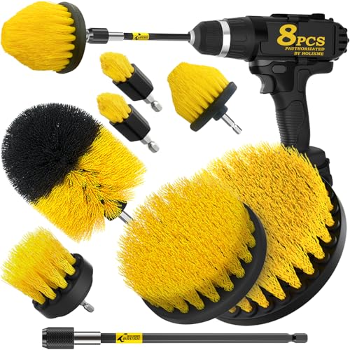 Holikme 8 Piece Drill Brush Attachments Set, Power Scrubber with Extend Long Attachment，Cleaning Supplies for Bathtub, Shower, Grout, Tile(Yellow) - color: Yellow