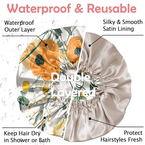 Luxury Shower Cap Satin Silk Lined Adjustable Elastic Reusable Waterproof Shower Bath Cap Cute for Women Girls-Orange Flower - color: AK6-Orange Flower