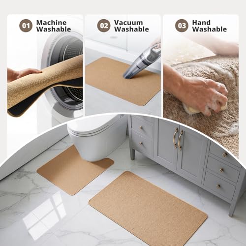 Bathroom Rugs Sets 2 Piece, Thin Bath Mat & U-Shaped Contour Toilet Rug Absorbent Quick Dry, Machine Washable, Non Slip Low Pile Bath Mats for Bathroom/Tub/Sink/Shower (27"x17" Plus 24"x20" U, Khaki) - color: Khaki, size: 17"x27"+U Shape 24"x20"-2pack