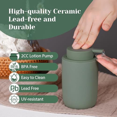 INGOFIN Ceramic Lotion Soap Dispenser Set, 2 Pack (12 oz) Bathroom Hand Soap Dispenser with Pump, Liquid Hand and Dish Soap Dispenser Set, 8 Pcs Clear Stickers, for Kitchen Bathroom-Matte Green - color: Matte Green-liquid