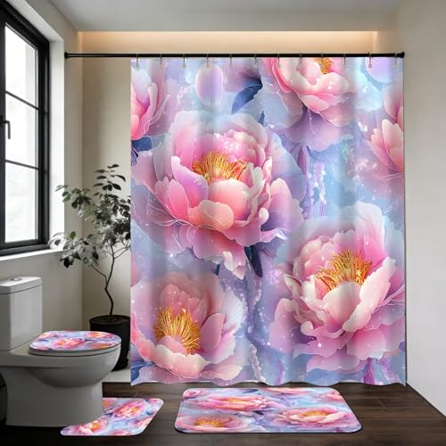 DDQQ 4Pcs Floral Shower Curtain Set Pink Flower Bathroom Sets with Shower Curtain and Rugs, Glitter Flowers Shower Curtain Set, Bathroom Decor Set, Bathroom Rugs Set Toilet Lid Cover Hooks - color: Pink Blue