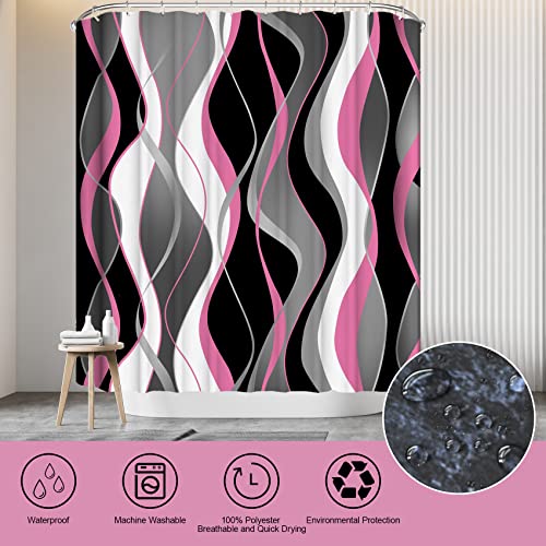 4Pcs Pink Shower Curtain Sets with Non-Slip Rugs, Toilet Lid Cover and Bath Mat, Black and Gray Bathroom Decor Set Accessories Fabric Waterproof Shower Curtains with 12 Hooks, 72 x 76 Inch - color: Pink