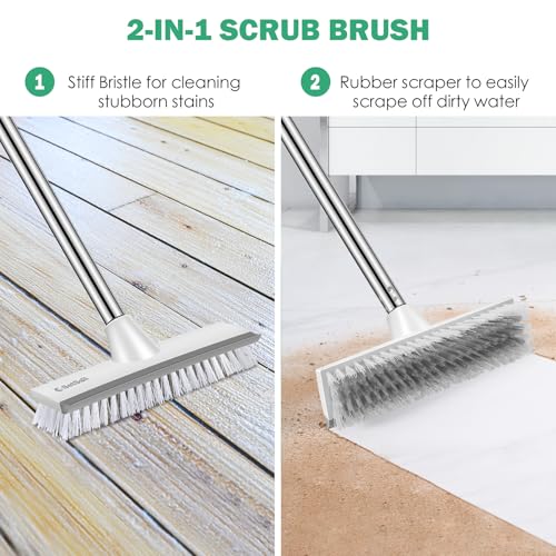 SetSail Floor Scrub Brush with 51-Inch Long Adjustable Handle 2 in 1 Scrape Brush Stiff Bristle Floor Scrubber for Cleaning Shower Bathroom Garage Kitchen Wall Deck Tub Tile - color: Grey White, size: 10in