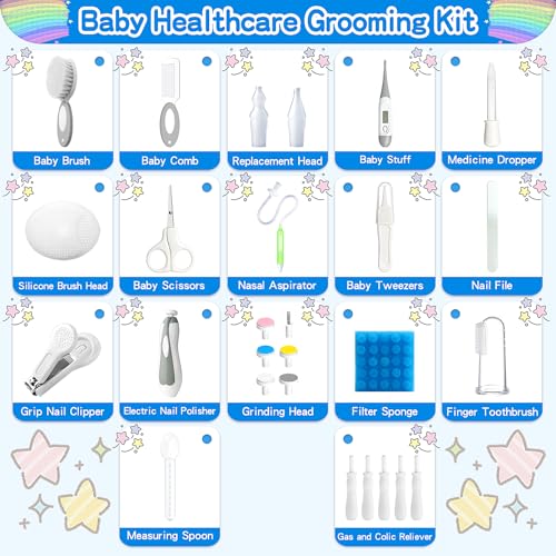 Baby Healthcare and Grooming Kit, 28 in 1 Portable Baby Essentials Kit Electric Nail Trimmer Set with Gas Relief Hair Brush Comb Nasal Aspirator for Newborn Boys Girls (Grey White) - style: 28 Kits-Grey White