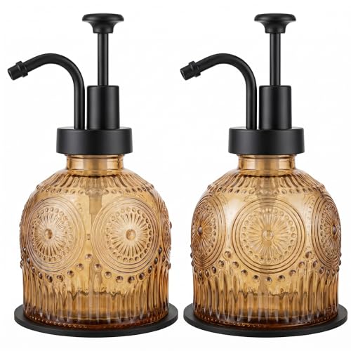Vintage Glass Soap Dispenser 2 Pack for Bathroom Kitchen, with Black Pump and Non-Slip Mat, Refillable for Hand Soap, Dish Soap, Lotion, Shower Gel, Modern Farmhouse Decor (8 oz, Brown) - color: Brown