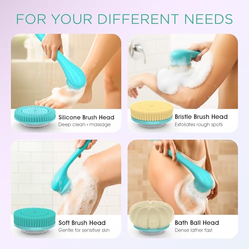 VOYOR Electric Body Brush Back Scrubber Silicone Body Scrubber Two-Way Rotating Brush Head for Deep Cleaning, Exfoliation, 4 Attachments Long Handle IPX6 Rechargeable Shower Brush BC300 (Blue) - color: Blue