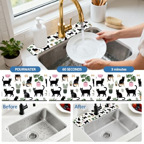 2 Pcs Kitchen Sink Splash Guard Faucet Mat Potted Cat Pattern Faucet Mat for Sinks Flower Absorbing Drying Mats for Kitchen Bathroom - color: Potted Cat