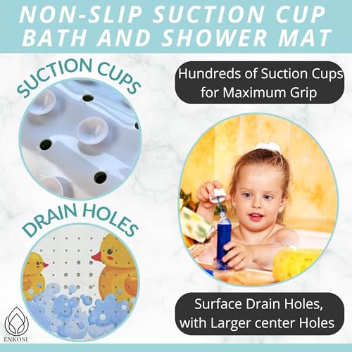 Kids Bath Mat 40x16 – Non-Slip Tub Bathmat Duck Print with Suction Cups & Drain Holes for Safe, Fun Bathtub Bath Time for Toddlers (40x16 Duck) - color: Duck Print