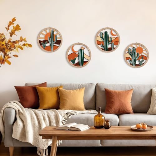 HPNIUB Boho Cactus Wall Decor, Rustic Desert Tropical Botanical Hanging Wood Sign for Living Room, Round Southwest Plant Wooden Plaque, Sun and Moon Wall Art for Apartment Office(10''x10'') - color: Boho desert&cactus