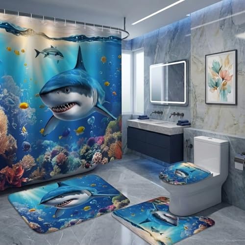 4Pcs Shower Curtain Set, Shark Blue Ocean Themed Bathroom Shower Curtain with Rugs and Accessories,with Non-Slip Rugs, Toilet Lid Cover and Bath Mat for Bathroom Decor Set - color: Shark
