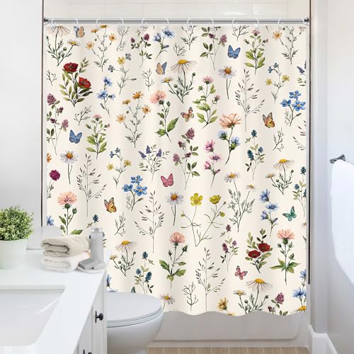 Vintage Floral Shower Curtain 72Wx72L Inch Beige Flowers Wildflower Plant Botanical Herbs Cottage Core Bathroom Set Whimsical Butterfly Woman Girls Bath Curtain Bathtub Accessories Home Decor - color: D 01 Beige, size: 72"W x 72"L (Pack of 1)