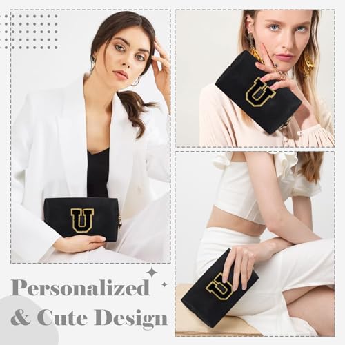 Personalized Initial A-Z Preppy Patch Makeup Bag,Small PU Chenille Letter Cosmetic Bag with Zipper for Teen Girls,Black Cute Toiletry Organizer Bag,Monogram Makeup Case Gift for Women Girls,Letter U - color: Black,Black-Letter, size: U