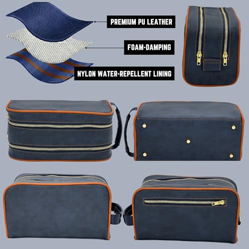 Mens Toiletry Bag, Premium PU Leather Travel Kit, Metal Zippers & Bottom Studs, Velvet Dust Bag & Shape-Retention Packaging – Gift Ready For Groomsmen, Anniversary, Birthday Gifts/ NAVY/ORANGE - color: NAVY BLUE/ORANGE