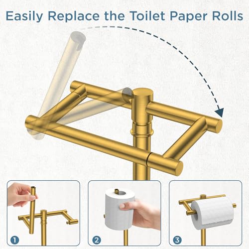 FORIOUS Toilet Paper Holder Stand Adjustable, Freestanding Tissue Roll Holder for Bathroom, Pivoting Design, Durable SUS 304 Stainless Steel Weighted Base Toilet Paper Stand, Storage (Brushed Gold) - color: Brushed Gold
