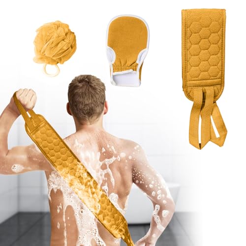 3 PCS Exfoliating Back Scrubber Strap Double Sided Bath Sponges Washer for Shower Deep Clean Towel, Yellow - color: Yellow