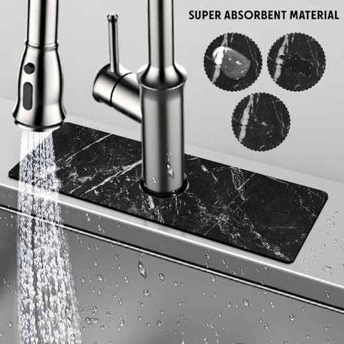 WIRESTER Super Absorbent, Fast Drying Kitchen Sink Splash Guard Faucet Mat, Sink Mat Behind Faucet Drip Catcher, Sink Gadget for Kitchen, Bathroom (15 x 5.5 Inch) - Cloudy Black Marble - color: Cloudy Black Marble