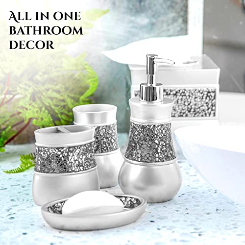 Creative Scents Crackled Glass 6 Pc. Silver Resin Bathroom Accessories Set | Includes Toilet Brush and Holder, Tissue Box Cover, Soap Dispenser, Toothbrush Holder, Tumbler Cup & Soap Dish - style: 6 Pc Set 02