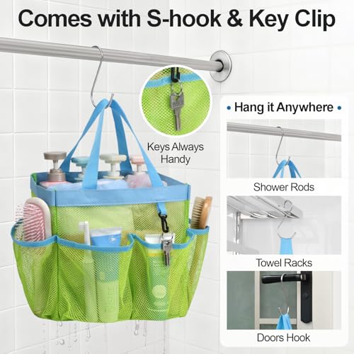 Mesh Shower Caddy Portable - 8 Pockets, S-Hook, Shower Bag for Dorm Camping | 2-Handle, Quick-Dry, Toiletry Organizer, College Dorm Room Essentials for Girls, Gym, Travel & Bathroom, Fluorescent Green - color: 1 Pack L Fluorescent Green, size: L (Classic