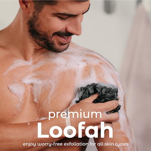 MainBasics Shower Loofah Sponge Pouf, Set of 3, Triple Black | Soft Mesh Body Scrubber and Bath Sponge for Gentle Exfoliation, Rich Lather, and Everyday Shower Use - style: Triple Black