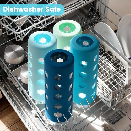 Mrsdry Glass Juice Bottles with Lids and Silicone Sleeves 18 oz, 4-Pack Reusable Clear Glass Water Bottles with Stainless Steel Airtight Cap for Juicing, Refrigerator, BPA Free Leak-Proof Drinking Jar - color: Blue