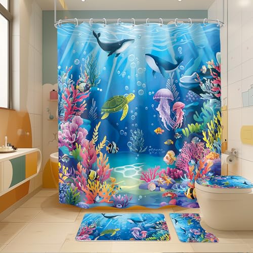 4 PCS Ocean Beach Shower Curtain Set 72Wx72H Sea Whale Turtle Nautical Bathroom Set Non-Slip Bath Rug Toilet Lid Cover U Shape Mat Complete Bathtub Accessories with 12 Hooks Bathroom Decor - color: C 01ocean, size: 72"W x 72"L (Pack of 4)