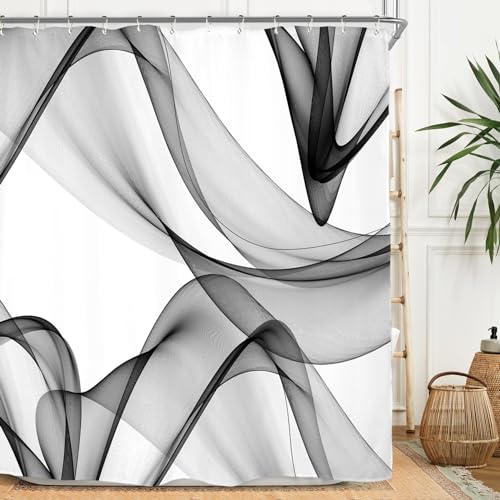 Miyotaa Black White Gray Shower Curtain Set 60Wx71H Inches Abstract Modern Contemporary Art Waves 3D Polyester Waterproof Bathroom Curtain with 12 Hooks - color: Black White Gray Waves, size: 60"W x 71"L (Pack of 1)