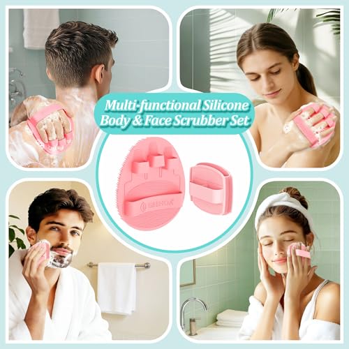 Silicone Body & Face Scrubber Set, 360° Anti-Slip & Hand-fit Silicone Shower Scrubber for Rich Foaming Deep Cleaning, Unique Facial Scrubber with Side-bristles for Contoured Areas.(Pink) - color: Pink Set