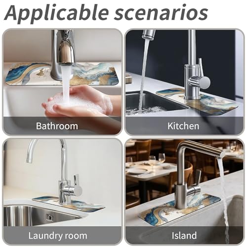 Kitchen Sink Splash Guard，Natural blue and gold marble Faucet Mat Sink Gadgets-Super Absorbent Fast Drying Mat Drip Catcher for Kitchen, Bathroom,Sink Mat, Dish Drying Mat, Bathroom(15" X 5.5" ) - color: Natural blue and gold marble