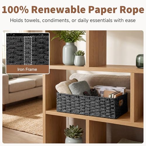 StorageWorks Small Wicker Toilet Basket Tank Topper with Built-in Handles, Toilet Paper Baskets for Back of Tank, Paper Rope Bathroom Basket Organizer and Storage for Rustic Bathroom Decor, Black - color: Black, size: 14¼" L x 6¾" W x 3¾" H